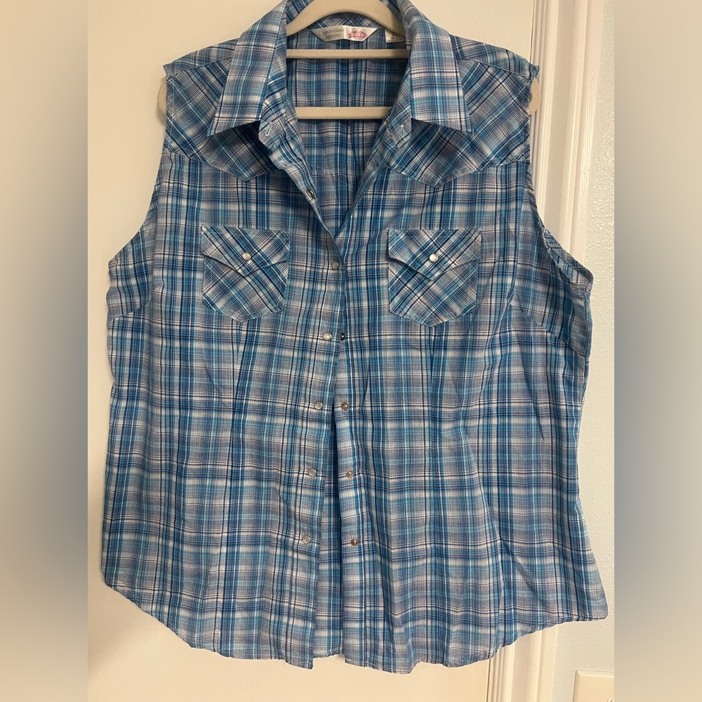 Blue Plaid Sleeveless Button-Up Shirt